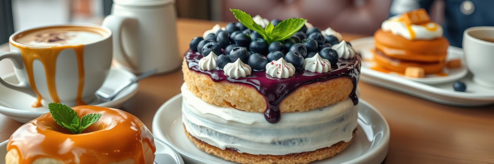 Indulgent dessert spread featuring a layered cake, pancakes, donuts, and coffee in a cozy cafe setting